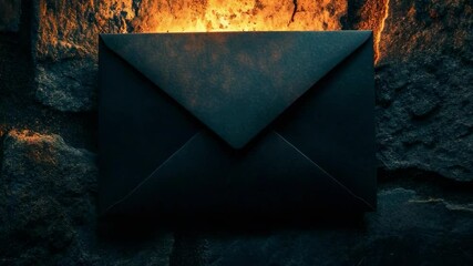 Poster - Black envelope on stone wall illuminated by warm light, mysterious atmosphere