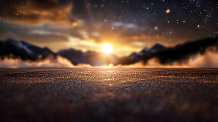 a dramatic sunset over mountains with bright shining celestial lights