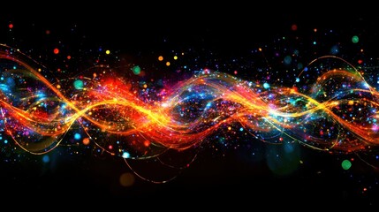 Poster - Abstract luminous wave on black background with vibrant color burst and dynamic light trails creating a mesmerizing visual effect for modern design
