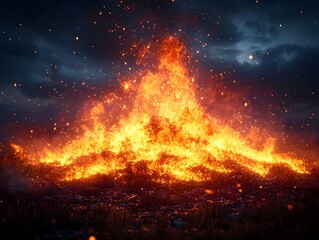 Poster - Vibrant Glowing Bonfire with Fantastical Flames Against Starry Night Sky