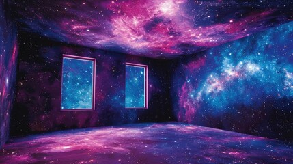 Poster - Cosmic Room Interior with Stars and Nebulae in Purple Tones