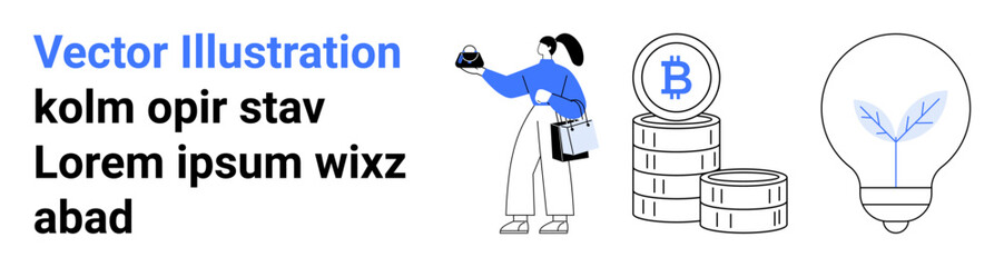Poster - woman holding a coin and handbag, bitcoin stack, and lightbulb with plant sprout. ideal for finance,