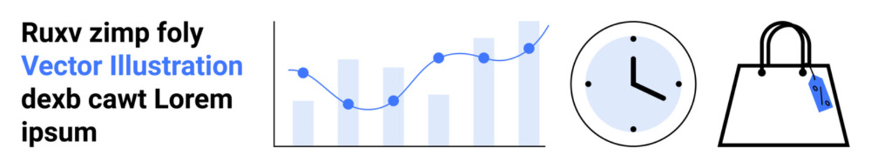 Poster - line graph with data points, analog clock for time tracking, and shopping bag with tag. ideal for bu