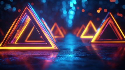Poster - Vibrant neon pyramids illuminated in a futuristic landscape with shimmering reflections