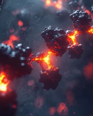 Poster - Glowing Particles in a Dark Abstract Space with Fiery Highlights