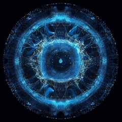 Poster - Abstract Glowing Blue Mandala: A Cybernetic Eye with Intricate Details on a Black Background