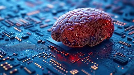 Poster - red digital brain microchip artificial intelligence futuristic technology cyber neural network smooth 4k video motion footage