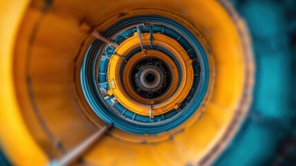 Poster - Close-Up View of Industrial Machinery with Circular Patterns in Vibrant Yellow and Blue Colors