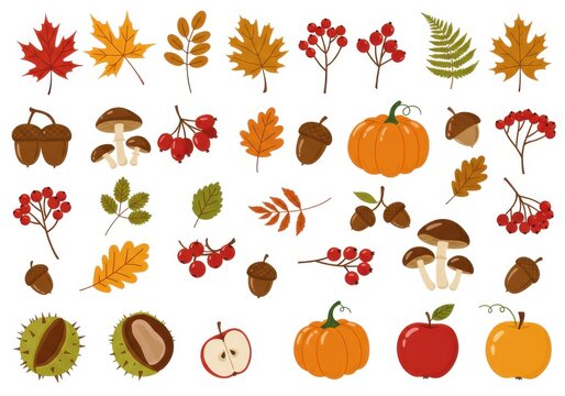 Autumn elements, fall foliage, colorful leaves, pumpkin, acorn, mushrooms, berries, apple, chestnut, fern, botanical illustration, hand-drawn style, flat design, vibrant colors