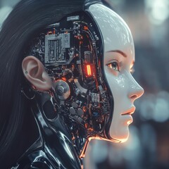 Poster - Cyborg Woman: A Futuristic Portrait of Human and Machine Integration, Revealing Intricate Mechanical Components and AI Technology.