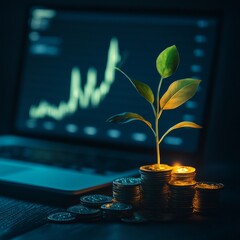 Poster - Financial Growth: Plant Sprouts from Coin Stacks Amidst Rising Market Graph on Laptop Screen