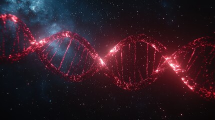 Poster - Red Glowing DNA Helix in Cosmic Space with Stars and Galaxy Background