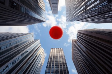 Poster - Group of Tall Buildings With Red Balloon in the Middle .A vibrant red balloon ascends into the air, hovering over a cityscape of towering buildings.