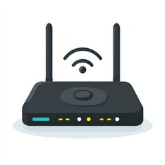 Poster - Modern Wireless Router with Antenna, LED Indicators, and WiFi Symbol on a White Background.