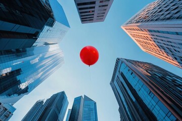 Poster - Group of Tall Buildings With Red Balloon in the Middle .A vibrant red balloon ascends into the air, hovering over a cityscape of towering buildings.