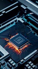 Poster - Neon pathways pulse across silicon brain. Embedded processor core radiates orange-blue energy through intricate circuit traces. Seamless vertical loop