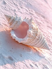 Poster - Captivating Seashell Resting on Textured Sand a Coastal Still Life with Warm Tones and Soft Lighting a Serene Beach Scene