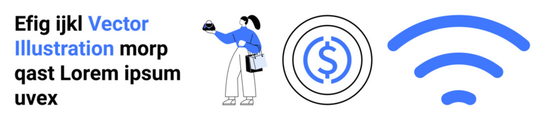 Poster - woman holding smartphone and clipboard, currency symbol in circle, blue wireless signal icon. ideal 