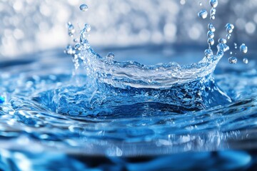 Poster - Dynamic water splash creating a crown shape with droplets in motion against a blurred light background