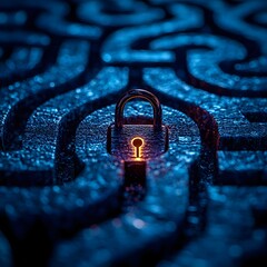 Poster - Glowing Padlock Icon Sitting in the Center of a Maze Symbolizing the Challenge of Unlocking Secrets Securely