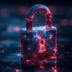 Poster - Vibrant Glowing Padlock Icon Embedded with Tiny Stars Against Cosmic Background to Symbolize Universal Protection