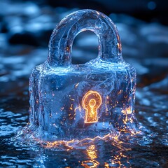Poster - glowing padlock icon with flowing water elements symbolizing secure data flow and flexibility