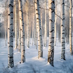 Poster - Winter's Embrace: A Serene Birch Forest Under a Blanket of Snow, Bathed in the Gentle Light of a Fading Day