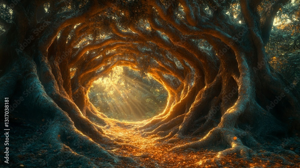 Majestic tree roots forming a natural curtain in enchanted forest ...