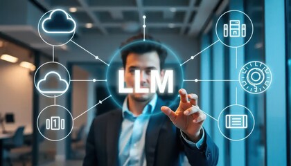 modern office interaction with digital llm interface, business environment, technology concept