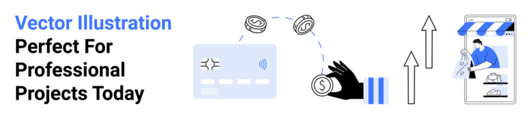 Poster - credit card, coins, and hand in payment transfer process. online store icon with arrows symbolizing 