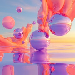 Poster - Abstract Colorful Spheres Floating Above Glossy Liquid Surface