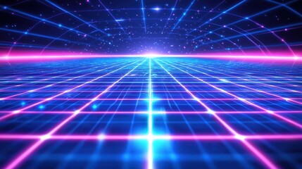 Poster - Futuristic Neon Grid in a Cosmic Space with Starry Background