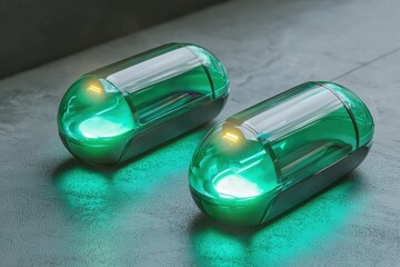 Poster - Transparent Green Capsules with Soft Glow on Gray Background