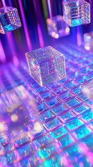 Poster - Colorful Abstract Light Reflection with Floating Transparent Cubes