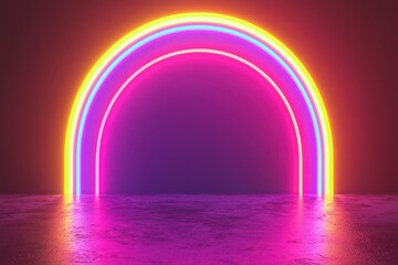 Poster - Neon Rainbow Arch in Vibrant Colors Reflecting on Wet Surface