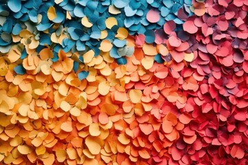 Poster - Vibrant mosaic of colorful paper petals creating a captivating gradient texture with blue orange and red tones for artistic backgrounds
