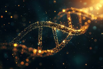 Poster - Glowing Gold DNA Helix Structure with Sparkling Particles in Darkness