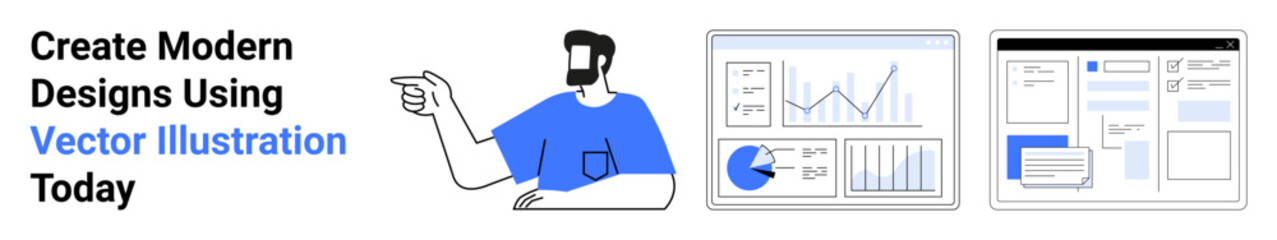 Poster - man pointing toward screens displaying charts, graphs, and ui elements. ideal for analytics, web des