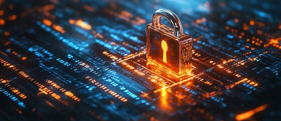 Poster - Advanced digital lock and shield protecting data, surrounded by streaming binary code, futuristic cybersecurity design, ultradetailed, 8K photorealism
