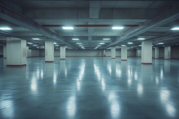 Poster - Vast Empty Parking Garage with Concrete Pillars and Fluorescent Lights Reflecting on the Polished Floor