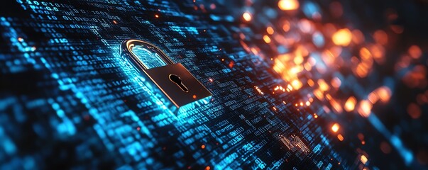 Poster - Cyber protection concept metallic lock inside a digital shield, defending against data breaches, glowing binary code in the background, hightech atmosphere, ultrarealistic, UHD