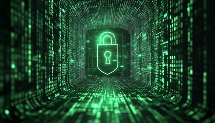 Poster - Cybersecurity protection digital shield with a metallic lock, defending against streaming data and flowing binary code, glowing tech background, hyperdetailed, 8K quality