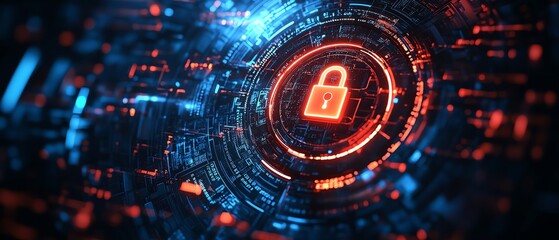 Poster - Digital security shield with a glowing lock, defending data against cyber attacks and binary code streams, futuristic design, ultrasharp, 8K clarity