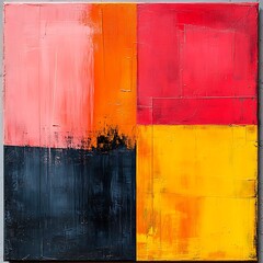Poster - Abstract painting with four distinct color blocks in pink orange red and dark blue yellow