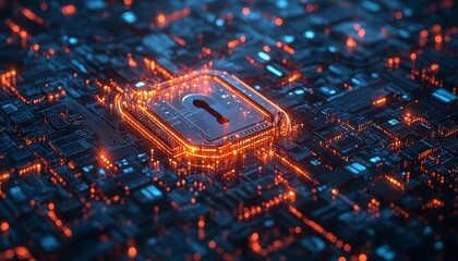 Poster - Futuristic digital lock and shield protecting data streams, surrounded by flowing binary code, representing strong cybersecurity defense, ultradetailed, UHD quality