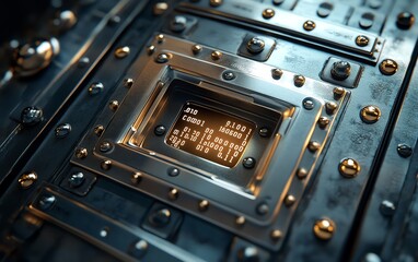 Poster - Futuristic metallic lock inside a digital shield, securing data streams with glowing binary code, visualizing cybersecurity protection, ultrarealistic, UHD resolution