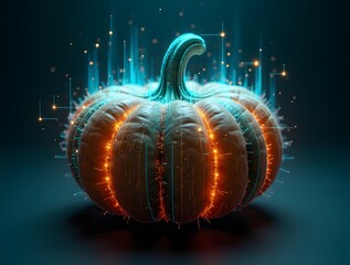 Poster -  pumpkin illuminated with glowing digital particles floats above a circuit board, merging nature with technology in a surreal