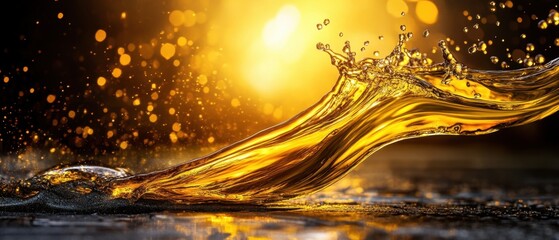 Poster - Golden liquid wave shimmering on a dark surface with bokeh creating a luxurious and dynamic visual effect for advertising and product presentation