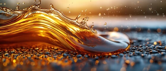 Poster - Golden liquid wave cresting with dynamic splash against a blurred background creating a mesmerizing visual experience with light
