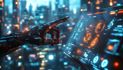 Poster - AIpowered robotic arm navigating an ultramodern holographic dashboard